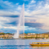 City of Geneva with Jet d’Eau fountain at sunset, Switzerland